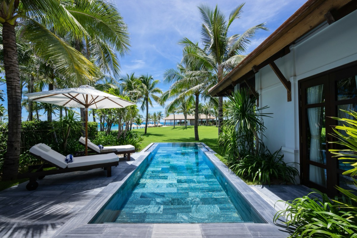 A tropical villa with a swimming pool among the palms.